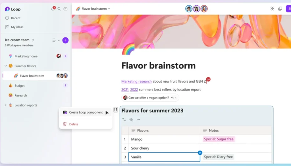 Interfaz de OneNote mostrando componentes Loop.